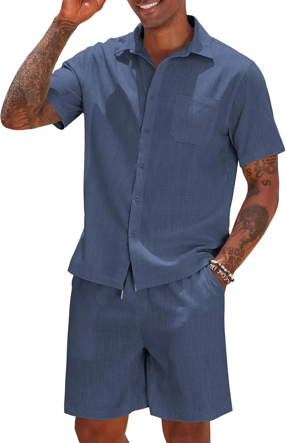 COOFANDY Men 2 Piece Linen Set Casual Short Sleeve Shirt and Short Beach Set