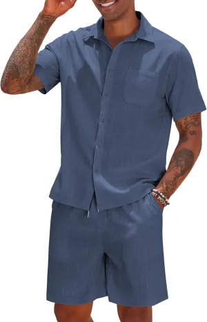 COOFANDY Men 2 Piece Linen Set Casual Short Sleeve Shirt and Short Beach Set