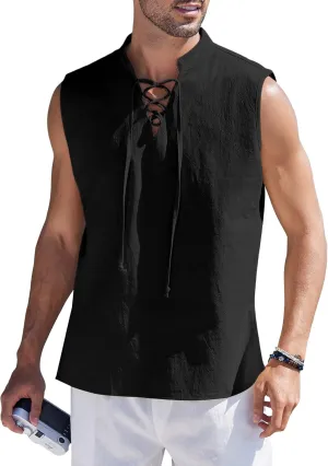 COOFANDY Men Tank Top Cotton Linen Beach Sleeveless Shirt Lace Up Bohemian Hippie Renaissance Pirate Kilt Medieval Tunic