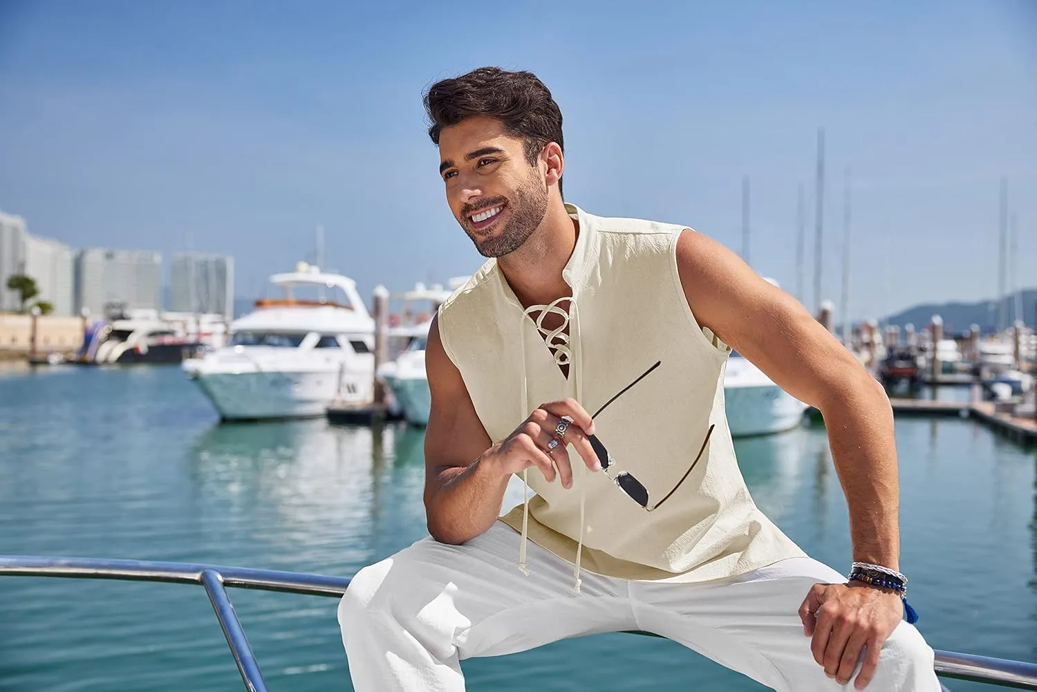 COOFANDY Men Tank Top Cotton Linen Beach Sleeveless Shirt Lace Up Bohemian Hippie Renaissance Pirate Kilt Medieval Tunic