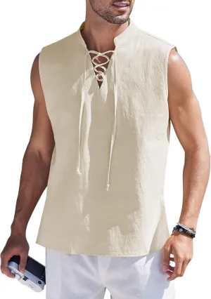 COOFANDY Men Tank Top Cotton Linen Beach Sleeveless Shirt Lace Up Bohemian Hippie Renaissance Pirate Kilt Medieval Tunic