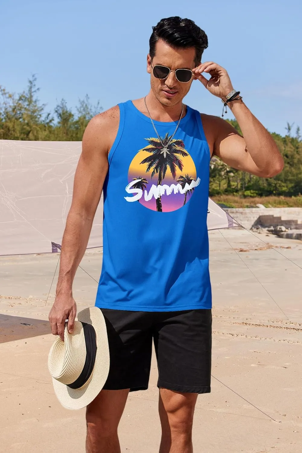 COOFANDY Mens Tank Tops Beach Summer Sleeveless Graphic T Shirts Palm Tree Vacation Quick Dry Muscle Gym Tank