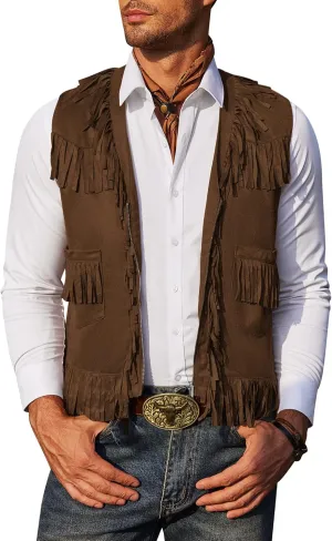 COOFANDY Men's Western Cowboy Vest Casual Fringe Hippie Costume V Neck Zipper Suede Leather Waistcoat
