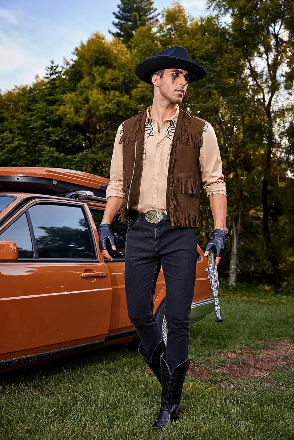 COOFANDY Men's Western Cowboy Vest Casual Fringe Hippie Costume V Neck Zipper Suede Leather Waistcoat