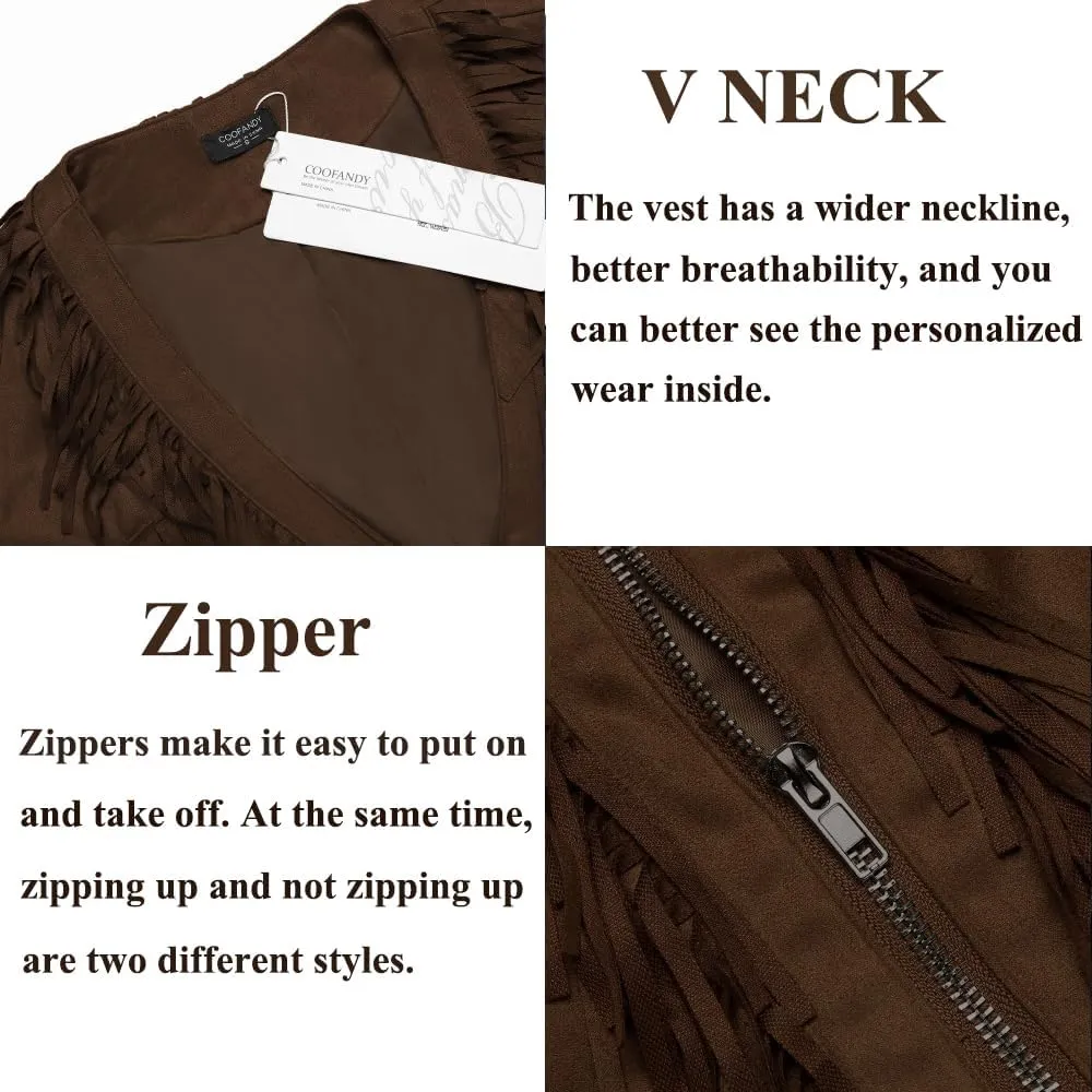 COOFANDY Men's Western Cowboy Vest Casual Fringe Hippie Costume V Neck Zipper Suede Leather Waistcoat