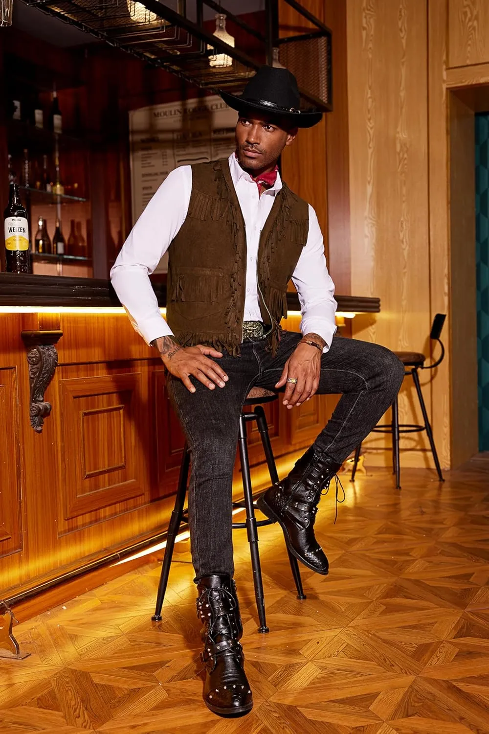 COOFANDY Men's Western Cowboy Vest Casual Fringe Hippie Costume V Neck Zipper Suede Leather Waistcoat