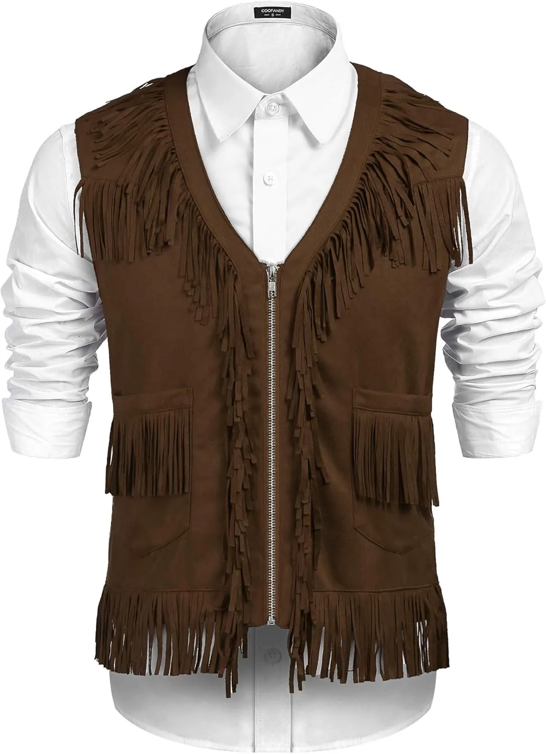 COOFANDY Men's Western Cowboy Vest Casual Fringe Hippie Costume V Neck Zipper Suede Leather Waistcoat