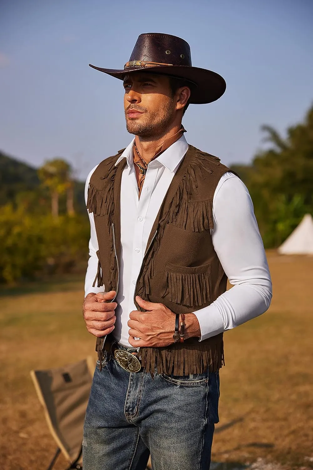 COOFANDY Men's Western Cowboy Vest Casual Fringe Hippie Costume V Neck Zipper Suede Leather Waistcoat