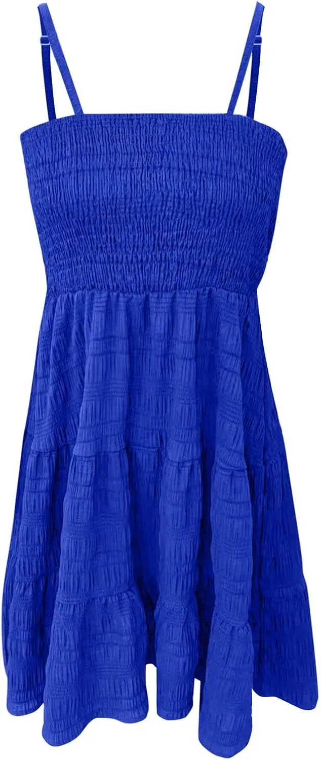 CRNTCEM Women's 2024 Summer Swing Mini Dress Smocked Backless Flowy A Line Sundress Sleeveless Party Swing Mini Dress