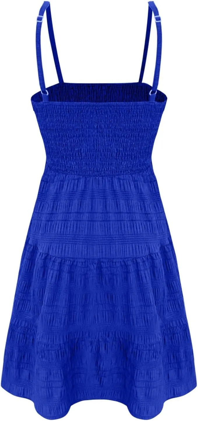 CRNTCEM Women's 2024 Summer Swing Mini Dress Smocked Backless Flowy A Line Sundress Sleeveless Party Swing Mini Dress