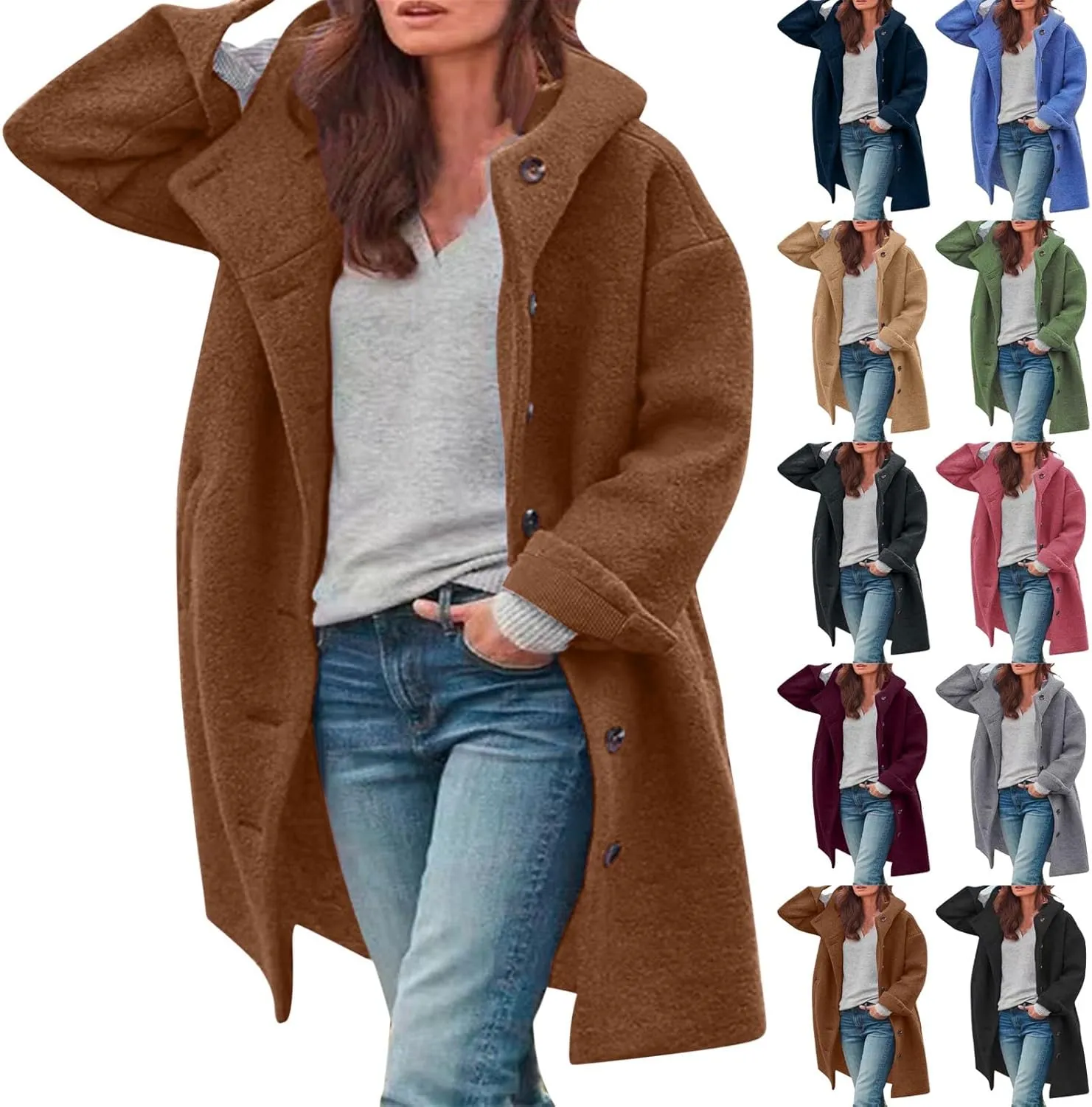 CRNTCEM Womens Wool Blend Pea Coat Fashion Winter Warm Dressy Overcoat Single Breasted Solid Casual Hooded Trench Jackets