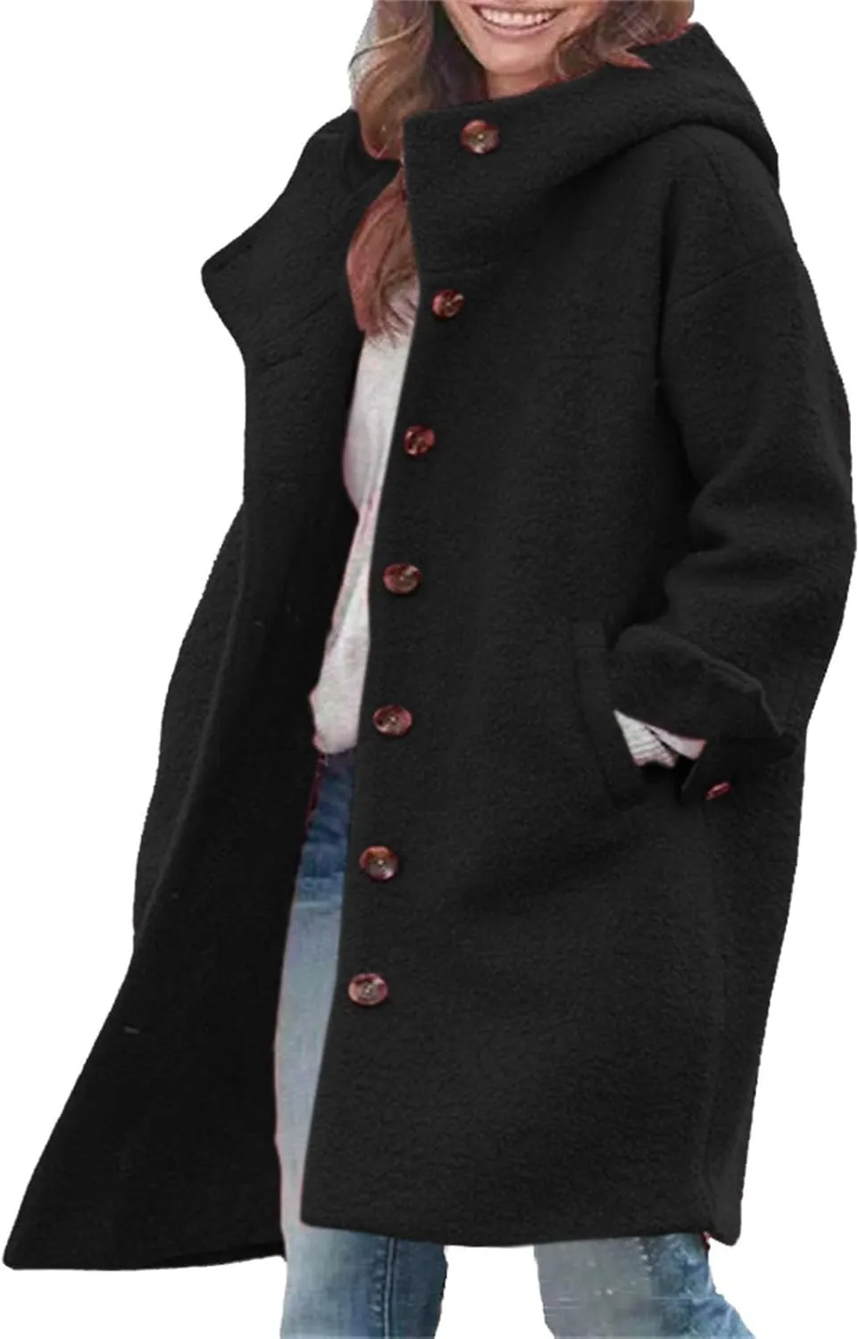 CRNTCEM Womens Wool Blend Pea Coat Fashion Winter Warm Dressy Overcoat Single Breasted Solid Casual Hooded Trench Jackets