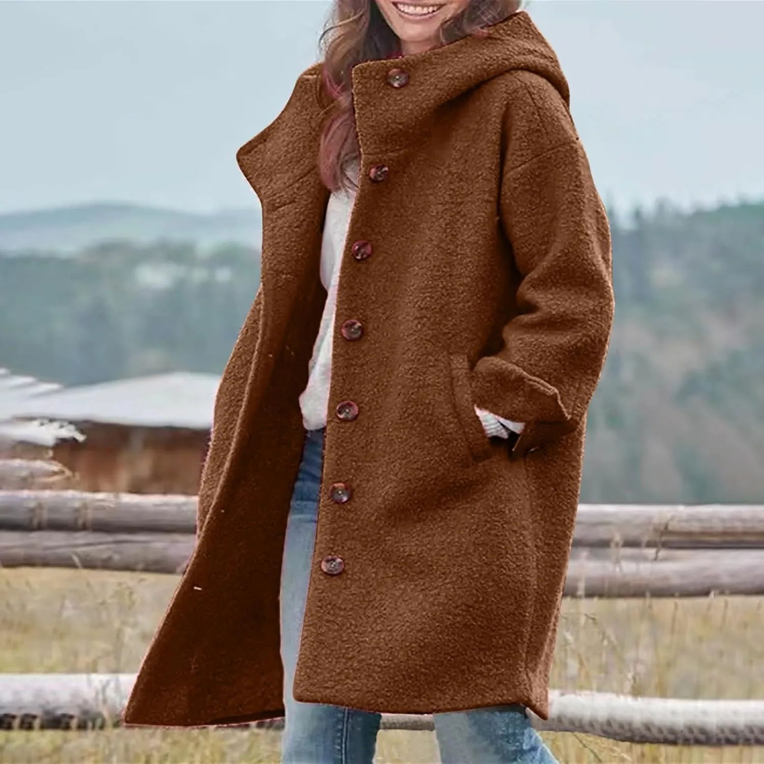 CRNTCEM Womens Wool Blend Pea Coat Fashion Winter Warm Dressy Overcoat Single Breasted Solid Casual Hooded Trench Jackets