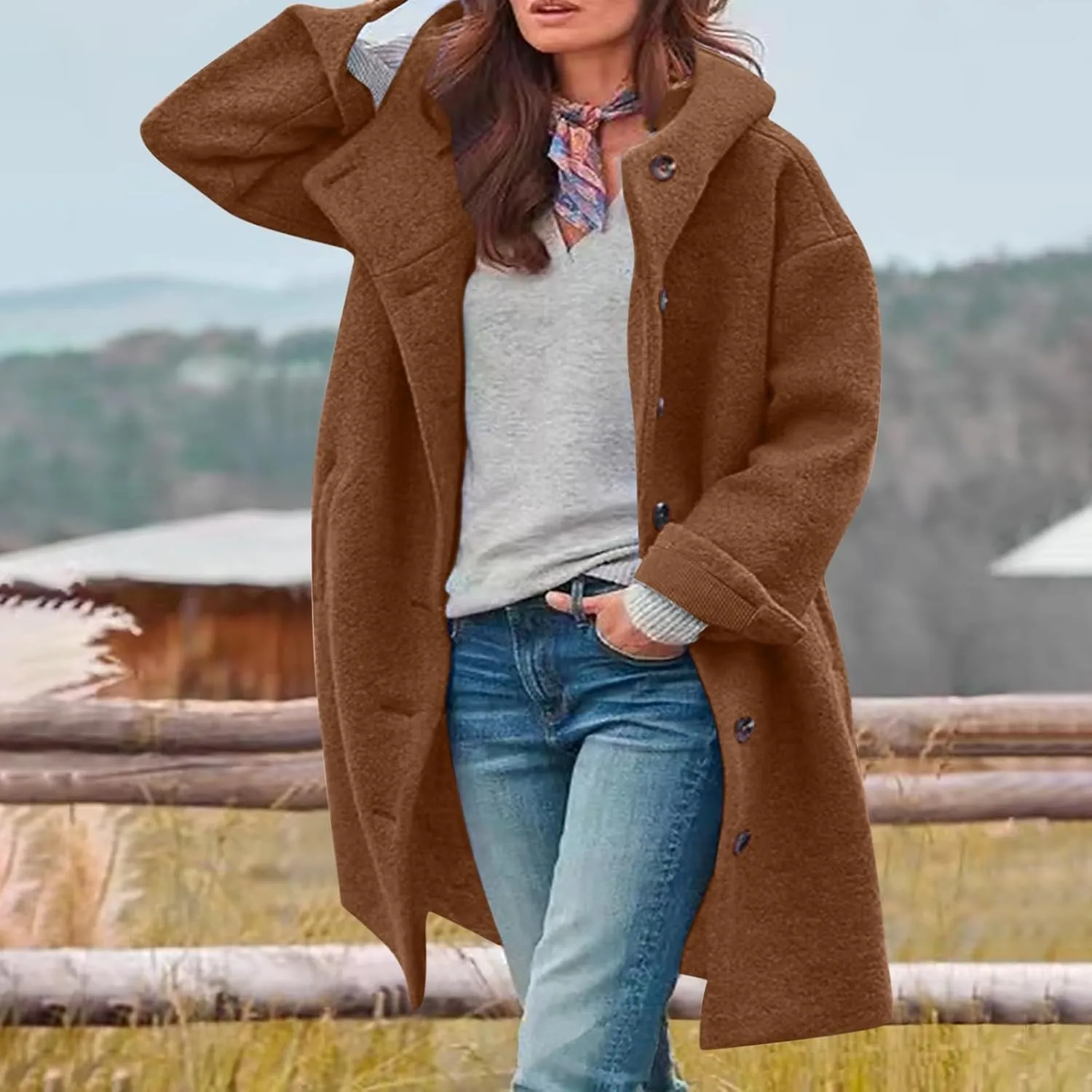 CRNTCEM Womens Wool Blend Pea Coat Fashion Winter Warm Dressy Overcoat Single Breasted Solid Casual Hooded Trench Jackets
