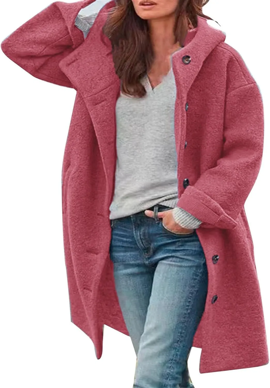CRNTCEM Womens Wool Blend Pea Coat Fashion Winter Warm Dressy Overcoat Single Breasted Solid Casual Hooded Trench Jackets