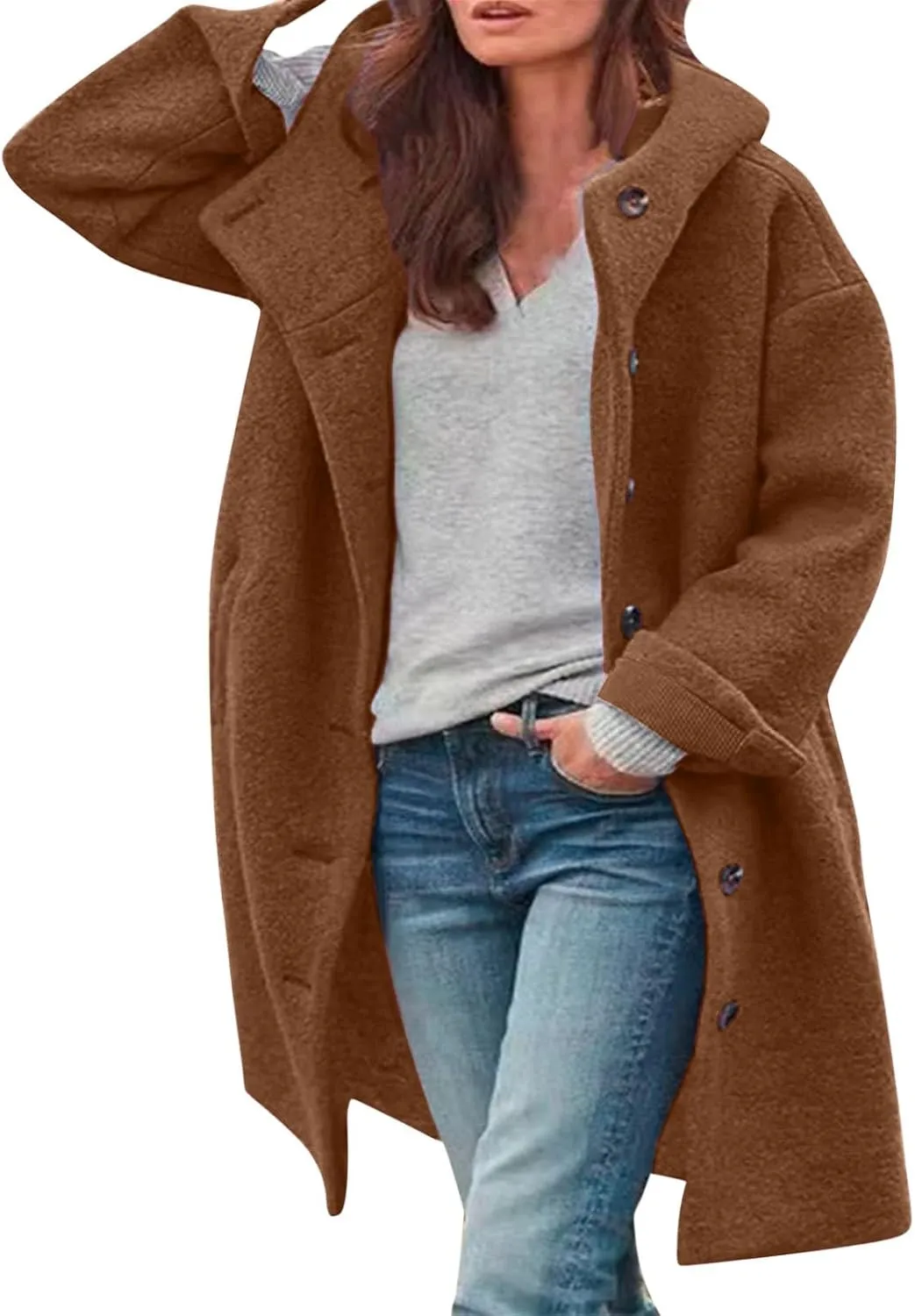 CRNTCEM Womens Wool Blend Pea Coat Fashion Winter Warm Dressy Overcoat Single Breasted Solid Casual Hooded Trench Jackets