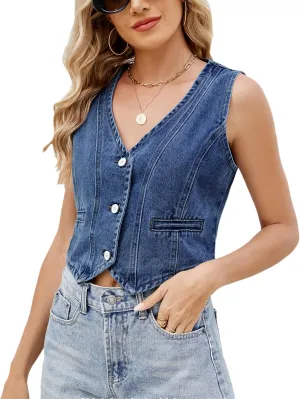 Cropped Y2K Denim Vest for Womens Button Down Sleeveless Corset Jean Tank Waistcoat