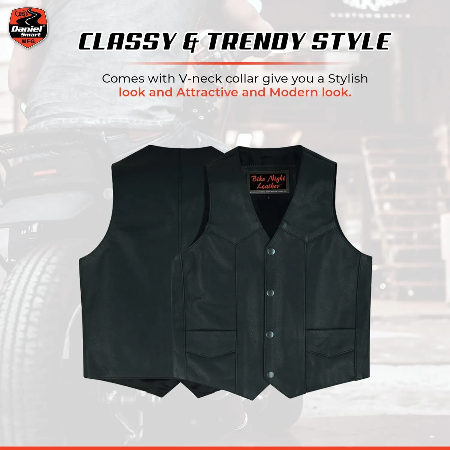 Daniel Smart Leather Vests for Kids Premium Cowhide Black Leather Vest with Unique V-Neck Design & Multiple Pockets