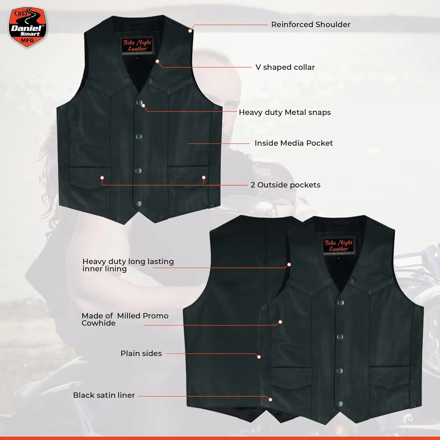 Daniel Smart Leather Vests for Kids Premium Cowhide Black Leather Vest with Unique V-Neck Design & Multiple Pockets