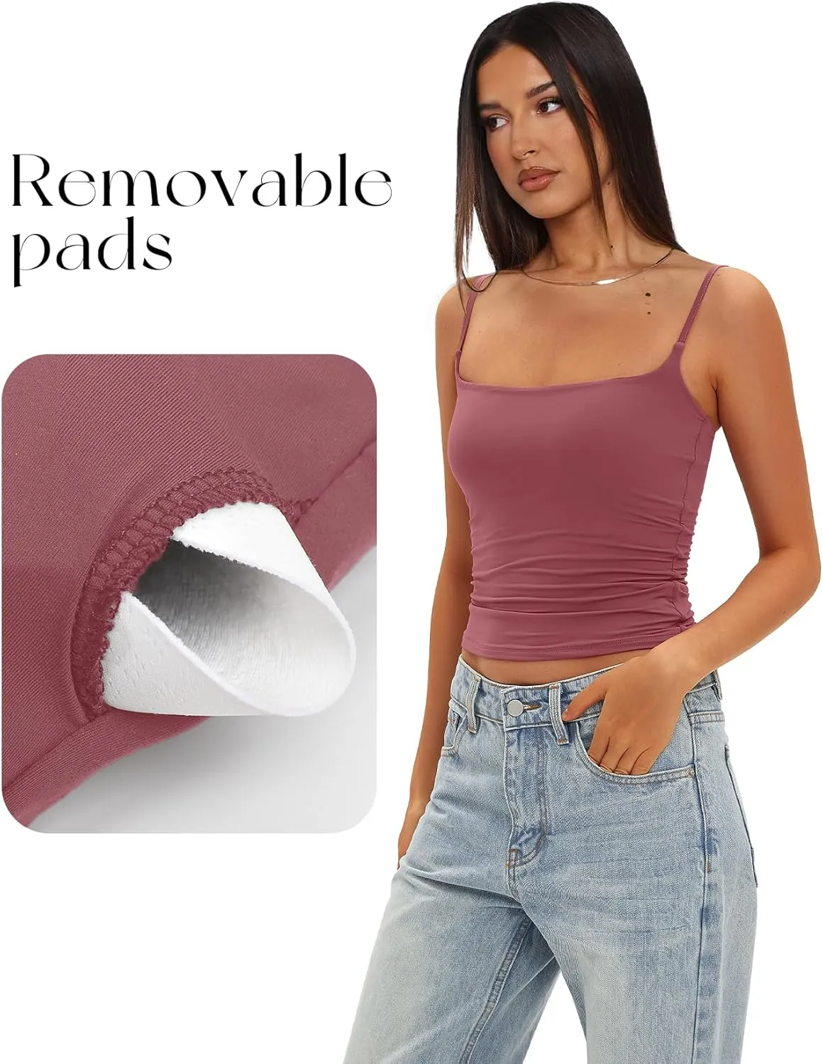 Darong Women Double Lined Tank Tops Bulit in Bra Spaghetti Straps Padded Cami Square Neck Basic Tank Shirt