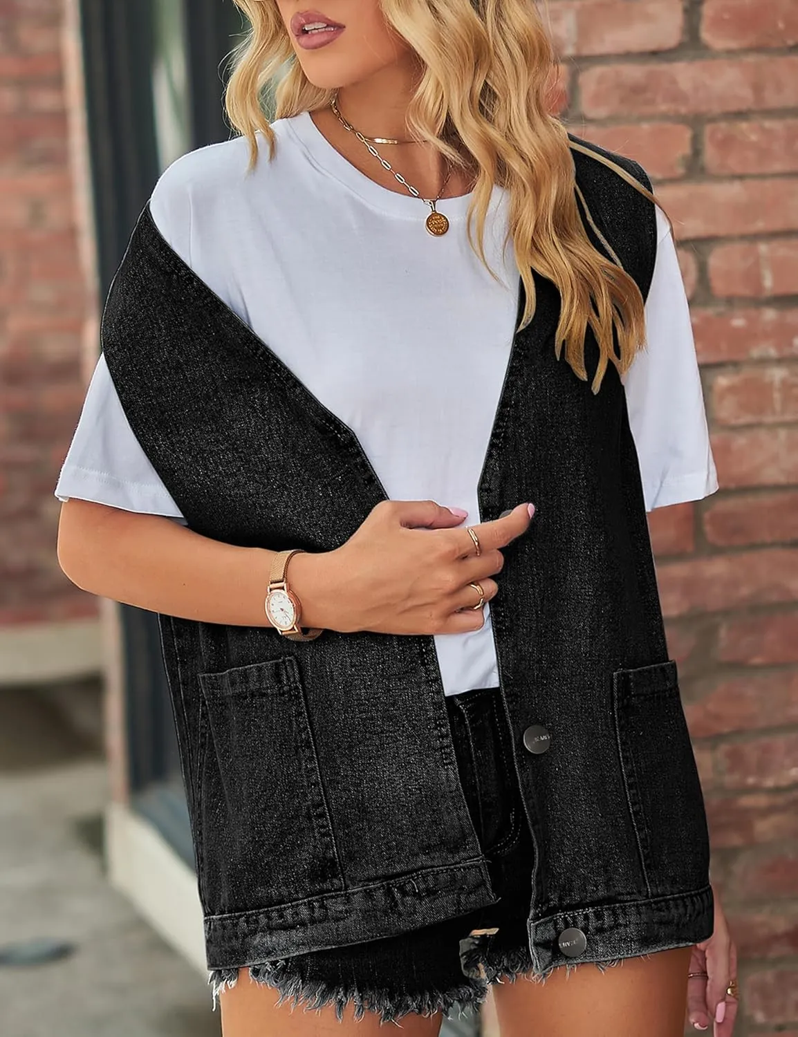 Denim Jean Vest for Women Oversized Lightweight Collarless Sleeveless Button Down Denim Waistcoat Jacket