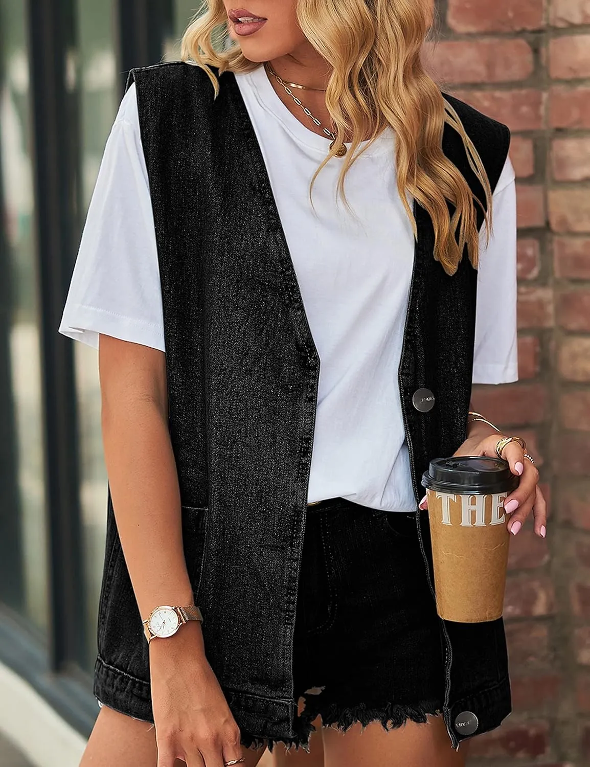 Denim Jean Vest for Women Oversized Lightweight Collarless Sleeveless Button Down Denim Waistcoat Jacket