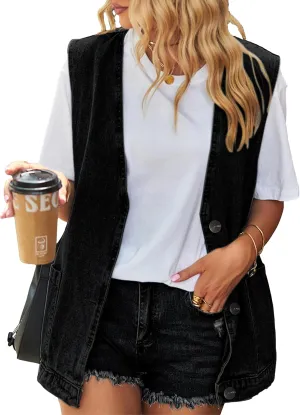 Denim Jean Vest for Women Oversized Lightweight Collarless Sleeveless Button Down Denim Waistcoat Jacket