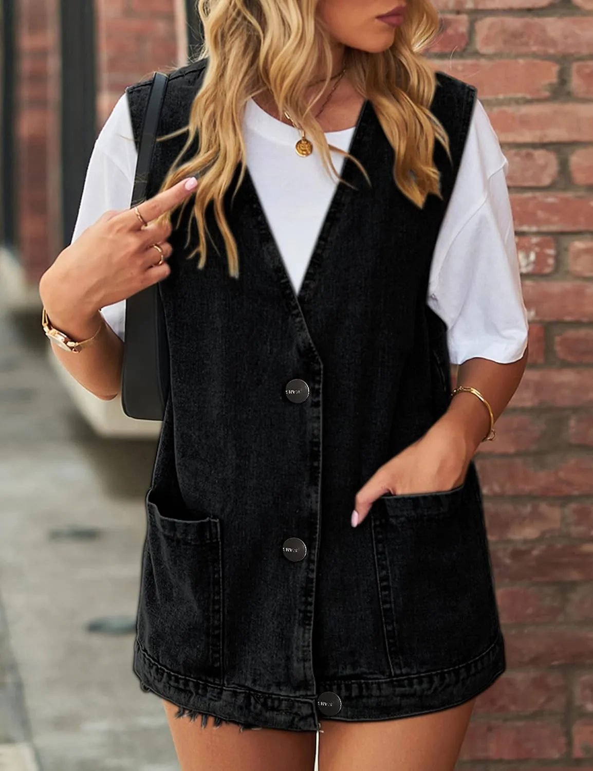 Denim Jean Vest for Women Oversized Lightweight Collarless Sleeveless Button Down Denim Waistcoat Jacket