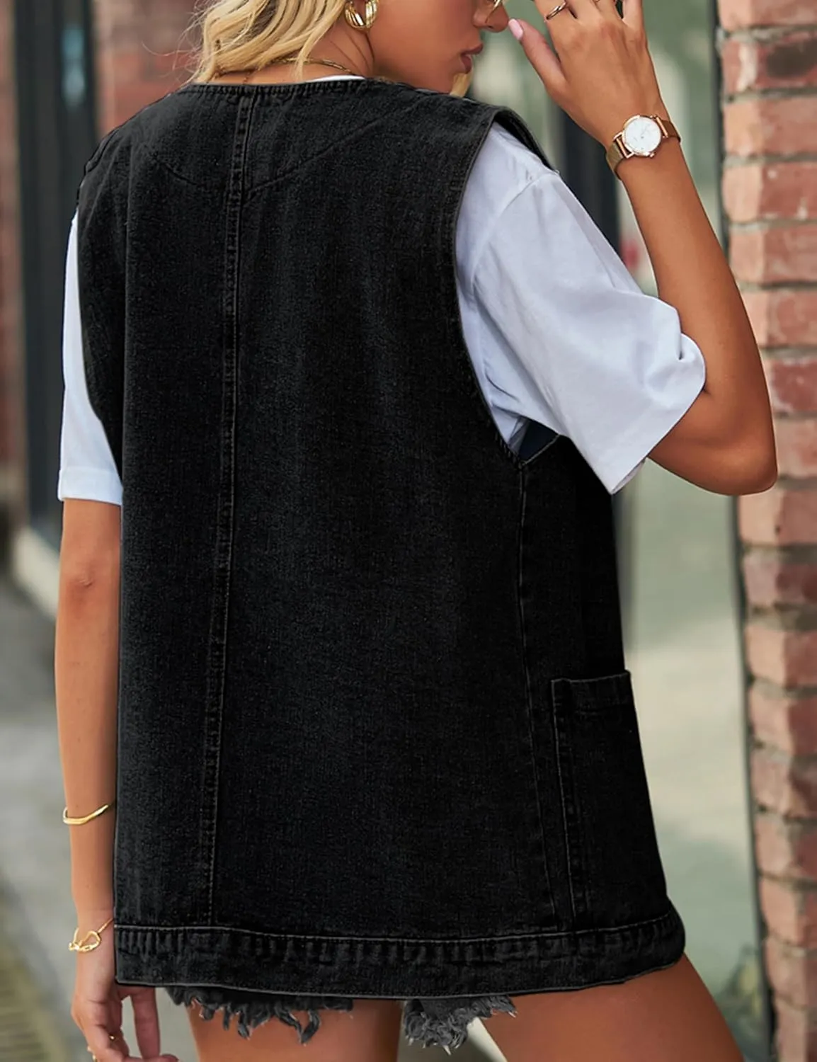 Denim Jean Vest for Women Oversized Lightweight Collarless Sleeveless Button Down Denim Waistcoat Jacket