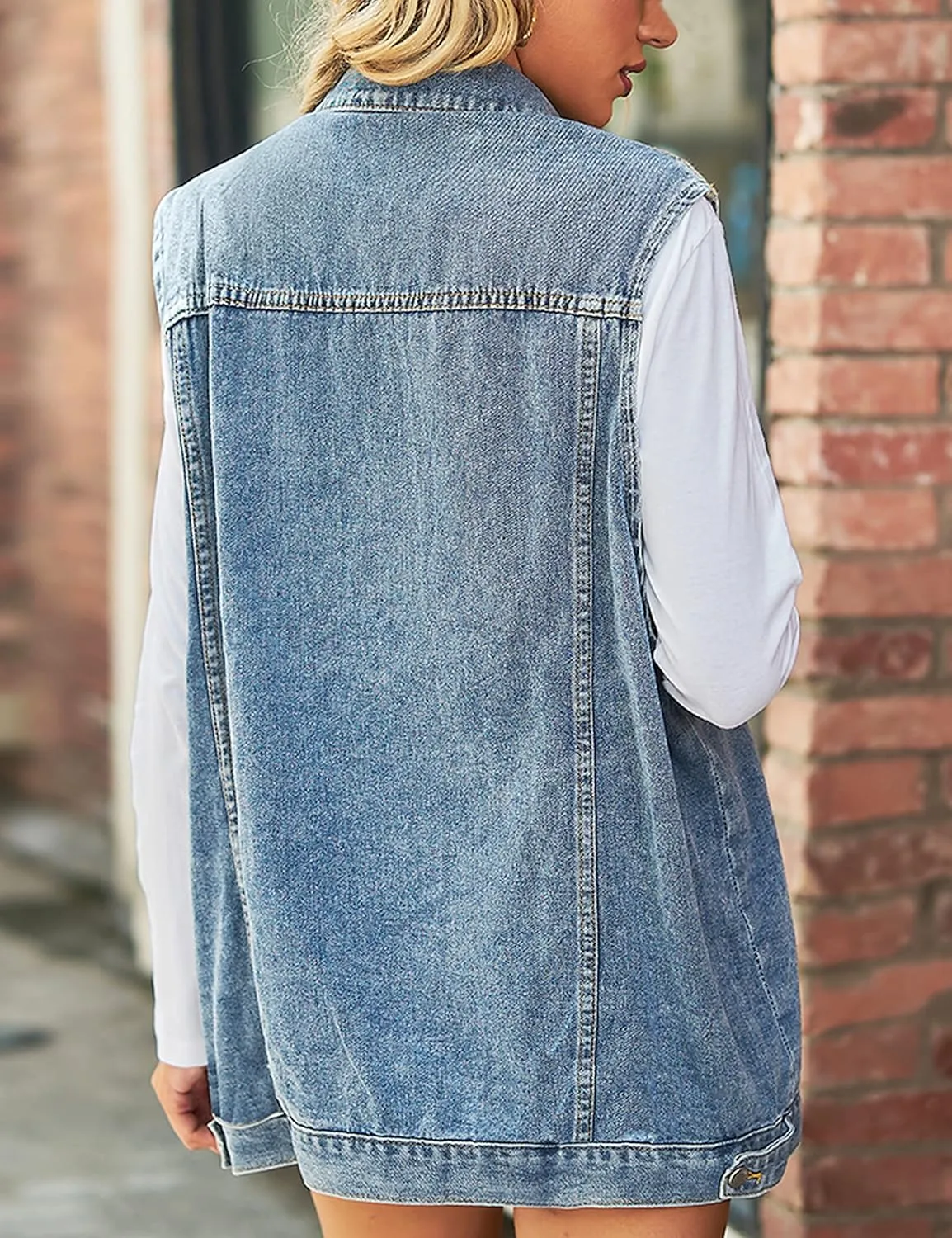 Denim Jean Vest for Women Oversized Sleeveless Mid Long Button Down Denim Waistcoat