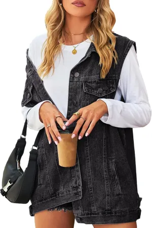 Denim Jean Vest for Women Oversized Sleeveless Mid Long Button Down Denim Waistcoat
