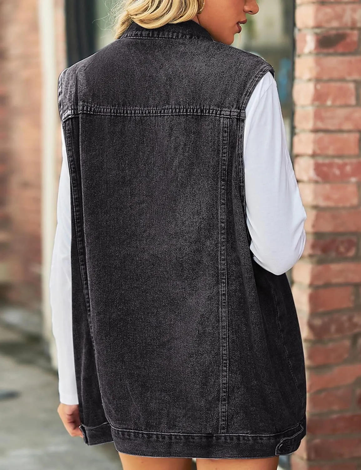 Denim Jean Vest for Women Oversized Sleeveless Mid Long Button Down Denim Waistcoat