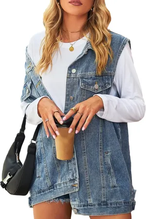 Denim Jean Vest for Women Oversized Sleeveless Mid Long Button Down Denim Waistcoat