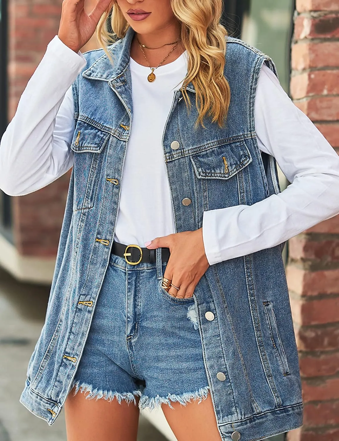 Denim Jean Vest for Women Oversized Sleeveless Mid Long Button Down Denim Waistcoat