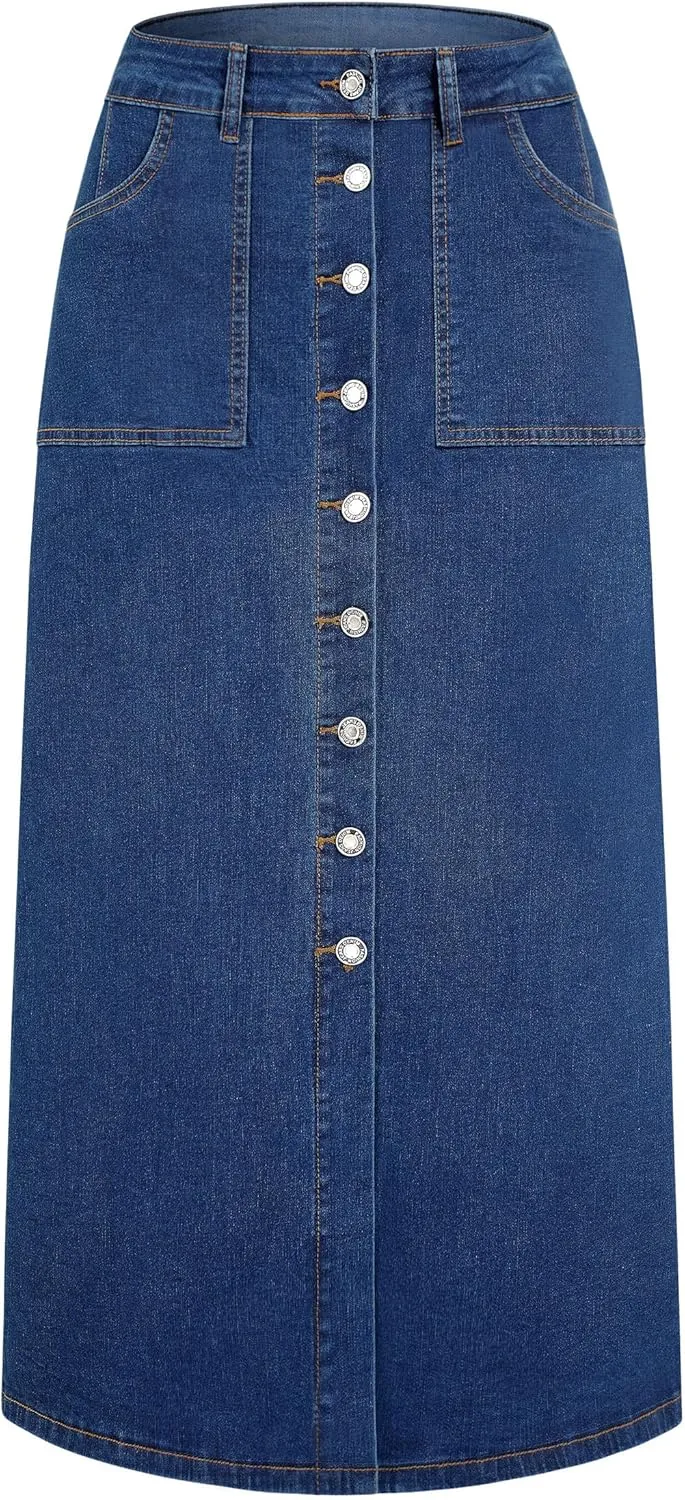 Denim Maxi Skirt Women Long Jean High Waisted Skirts Slit Button Down Front Blue A Line Stretch with Pockets