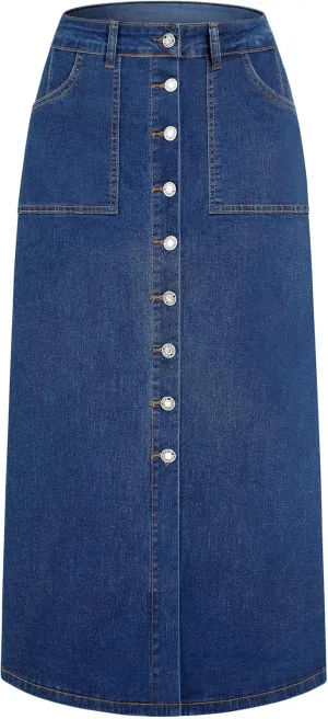 Denim Maxi Skirt Women Long Jean High Waisted Skirts Slit Button Down Front Blue A Line Stretch with Pockets