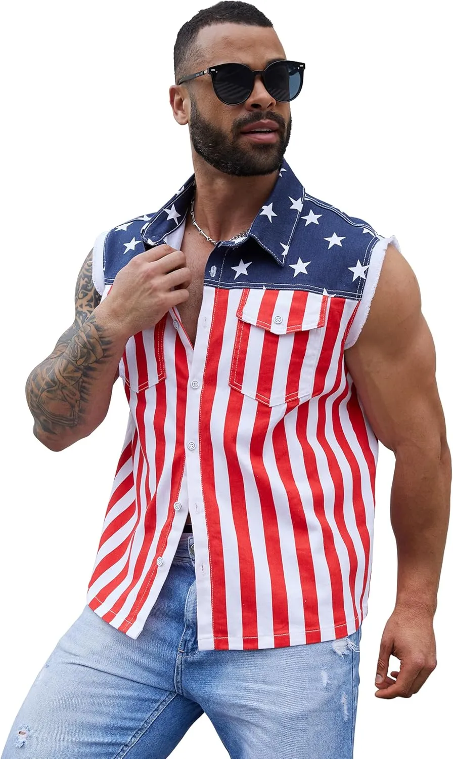 Denim Vest for Men Print Sleeveless Jean Jacket Festival Clothing