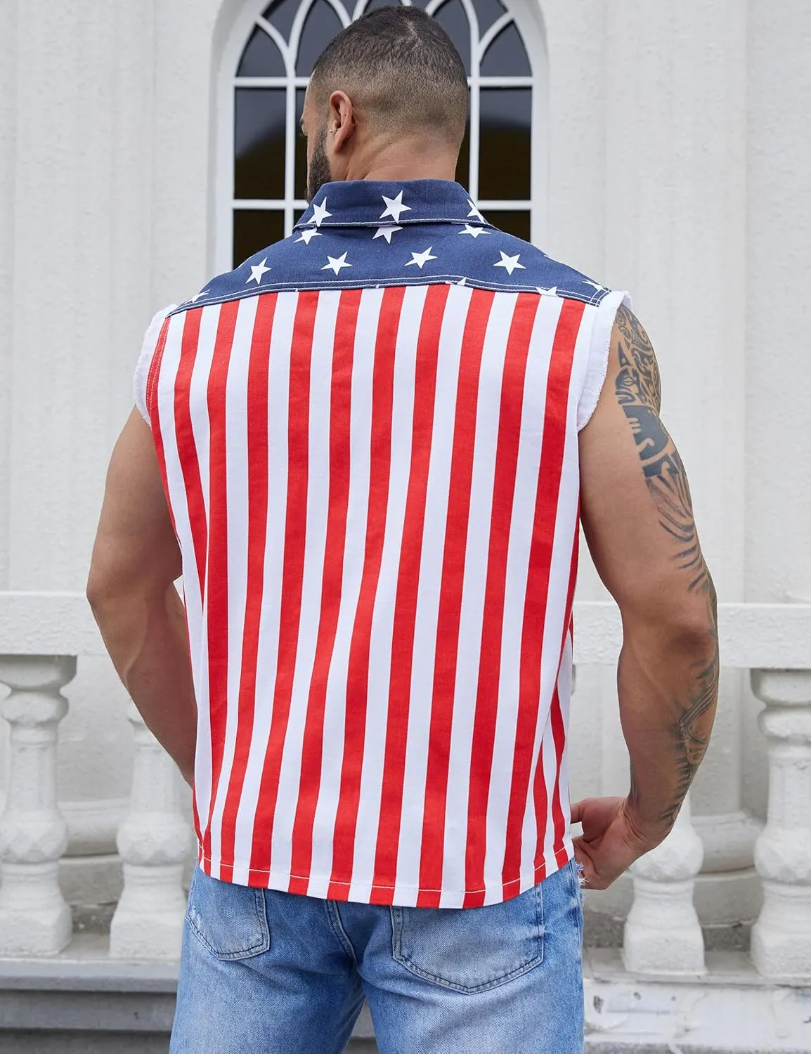 Denim Vest for Men Print Sleeveless Jean Jacket Festival Clothing
