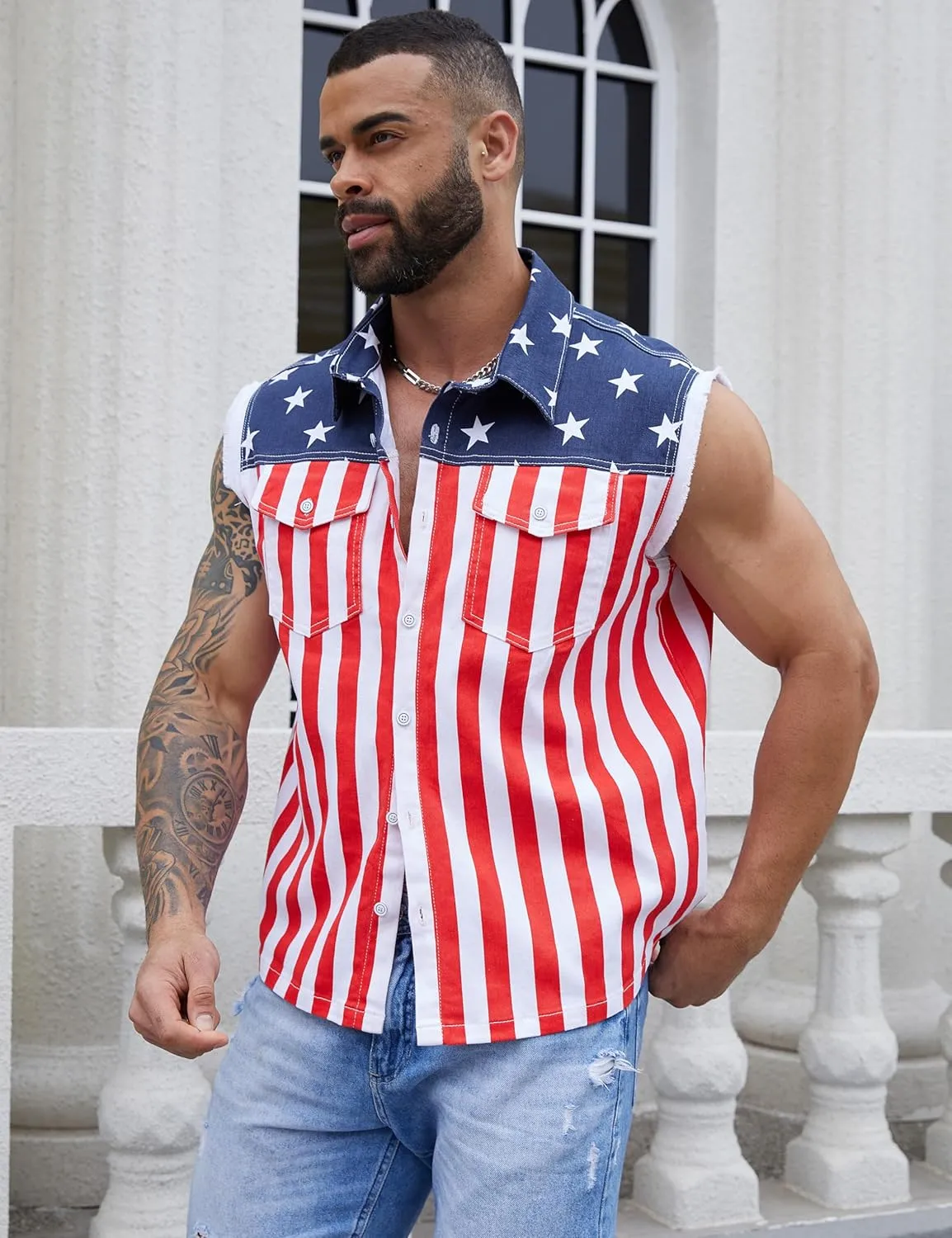 Denim Vest for Men Print Sleeveless Jean Jacket Festival Clothing