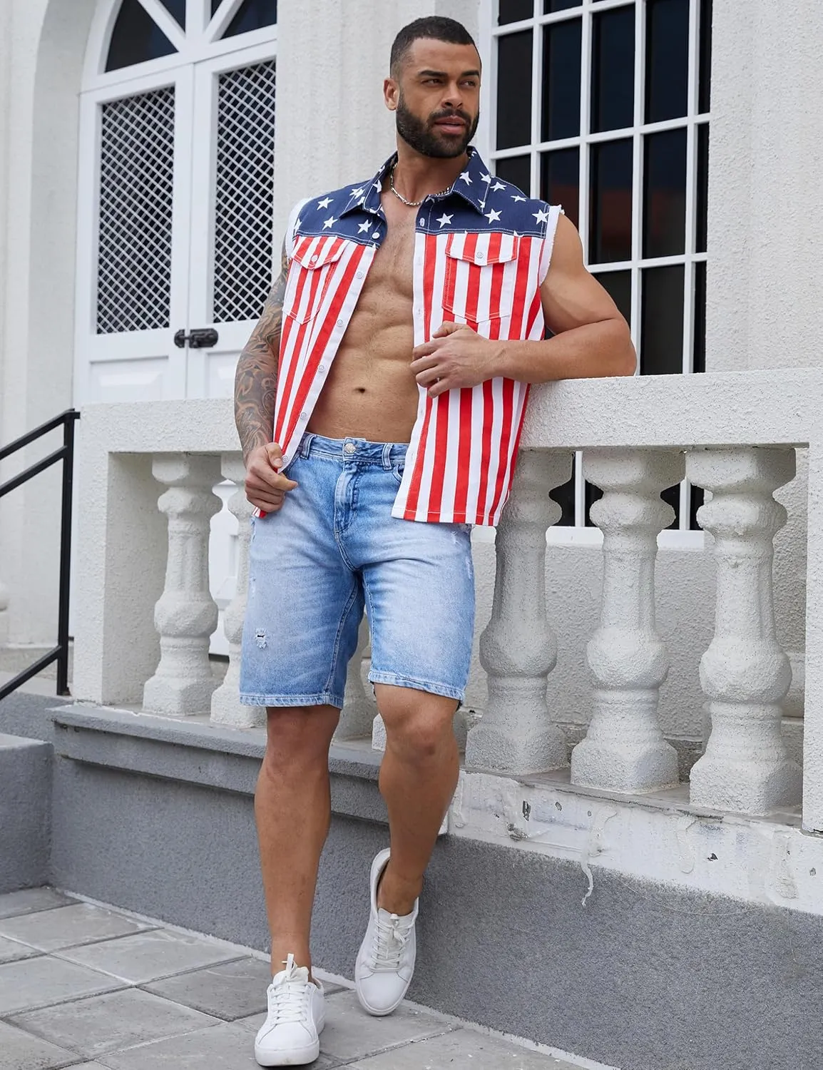 Denim Vest for Men Print Sleeveless Jean Jacket Festival Clothing