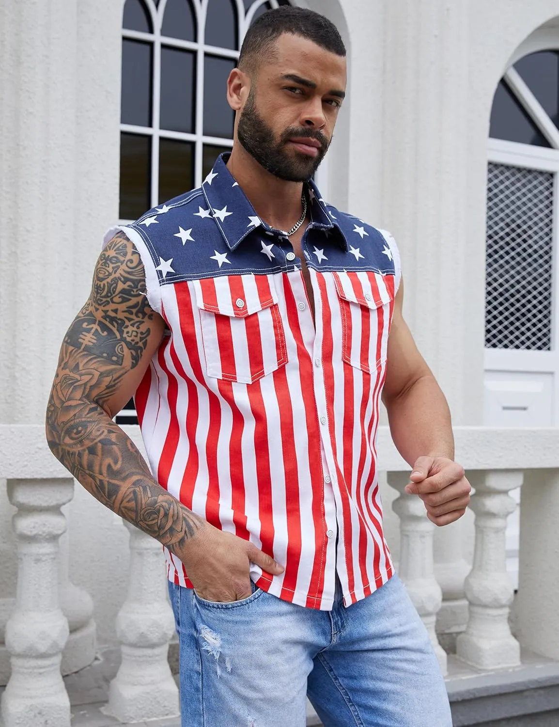 Denim Vest for Men Print Sleeveless Jean Jacket Festival Clothing