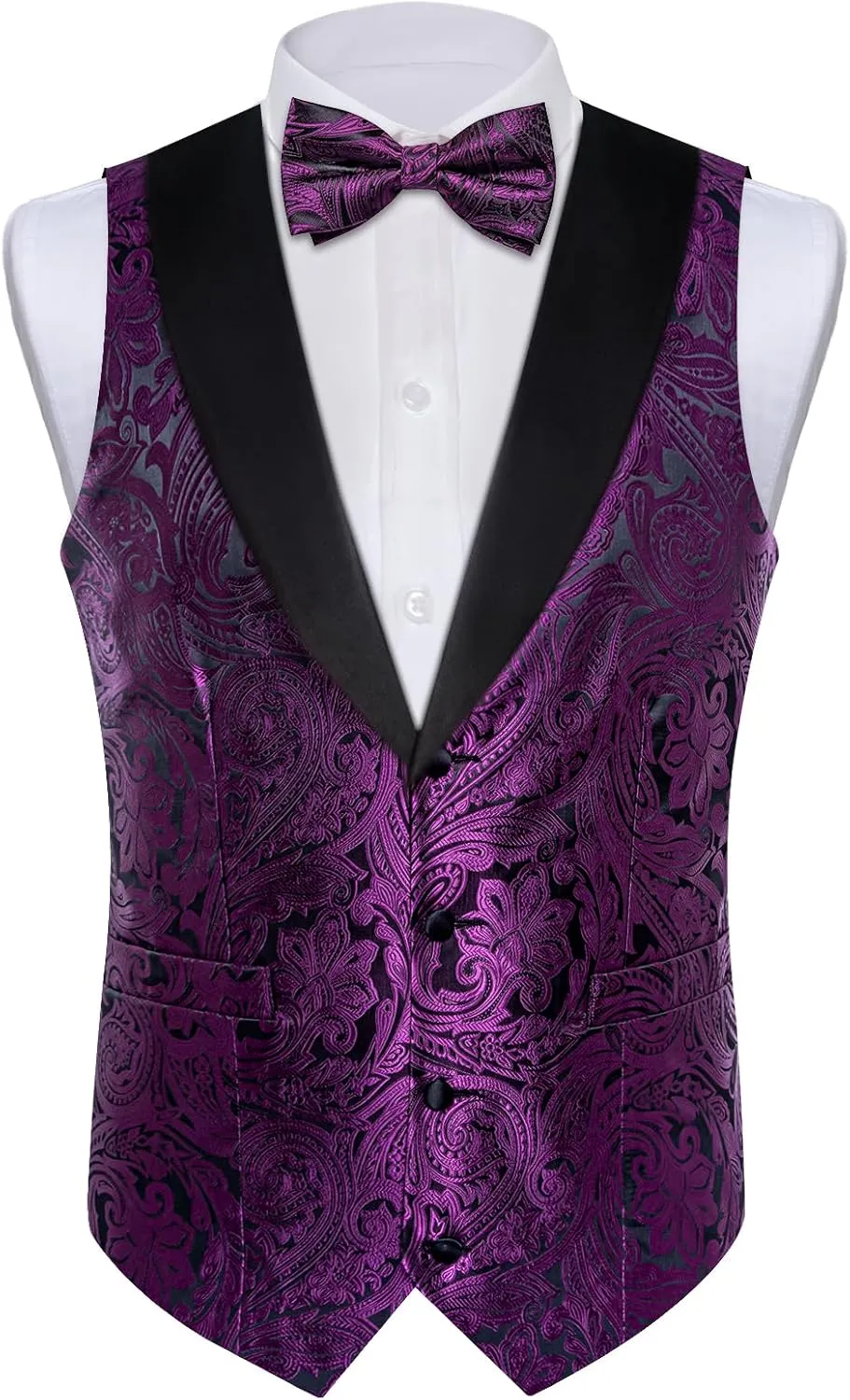 DiBanGu Mens Vest and Bowtie Set Silk Paisley Waistcoat and Bowtie Pocket Square Cufflinks with Lapel Pin for Wedding Party
