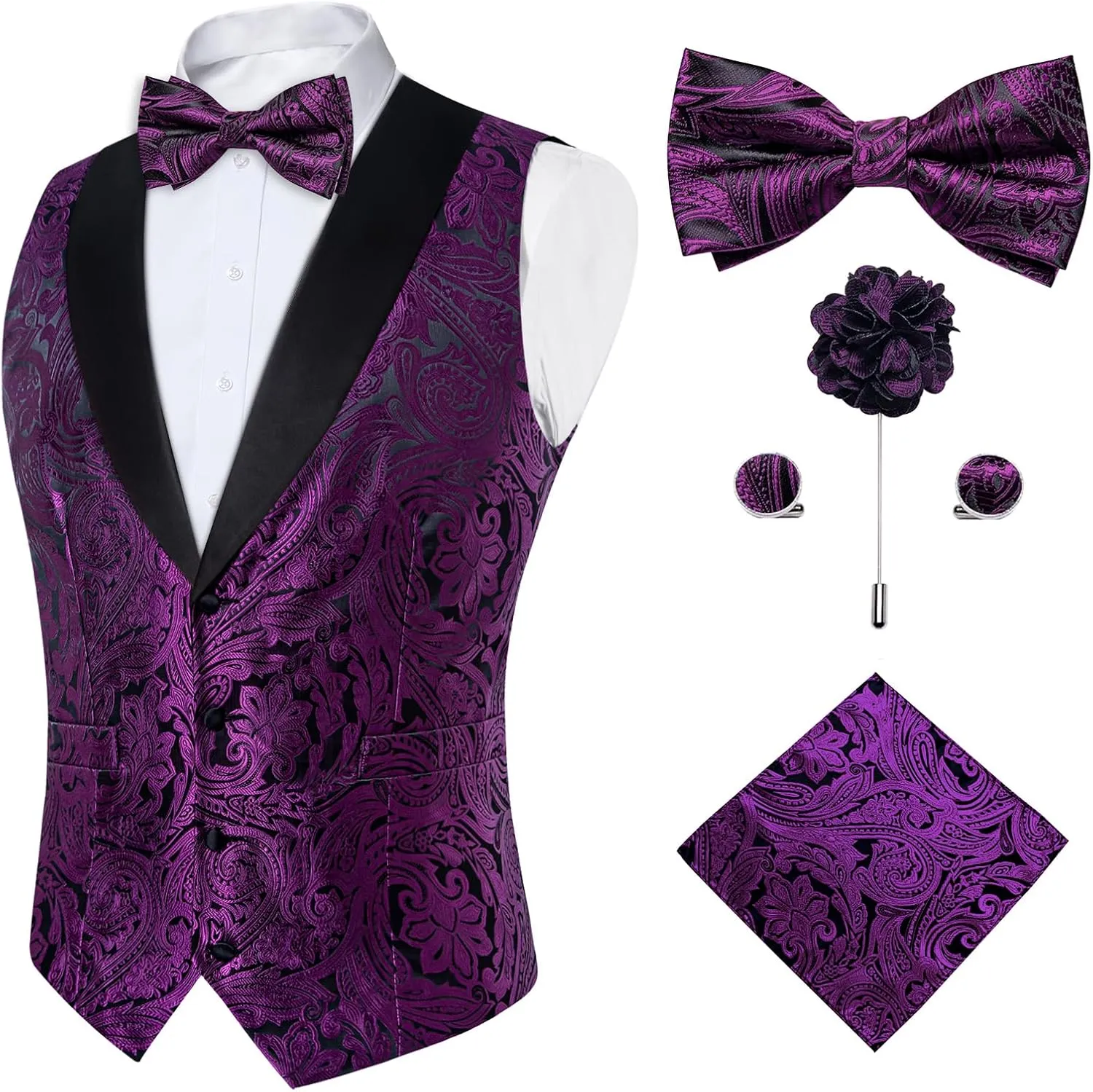 DiBanGu Mens Vest and Bowtie Set Silk Paisley Waistcoat and Bowtie Pocket Square Cufflinks with Lapel Pin for Wedding Party