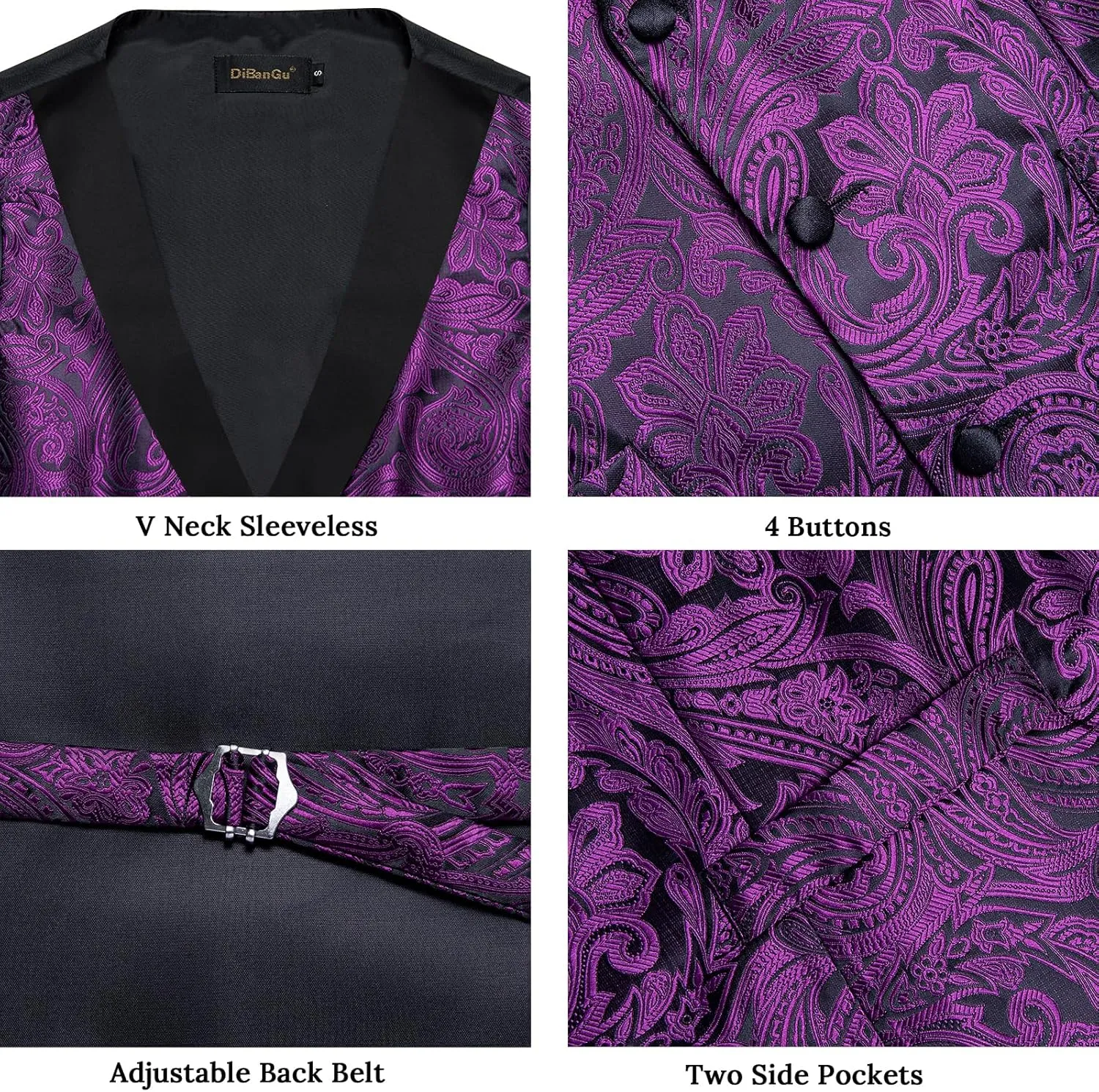 DiBanGu Mens Vest and Bowtie Set Silk Paisley Waistcoat and Bowtie Pocket Square Cufflinks with Lapel Pin for Wedding Party