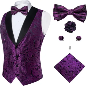 DiBanGu Mens Vest and Bowtie Set Silk Paisley Waistcoat and Bowtie Pocket Square Cufflinks with Lapel Pin for Wedding Party