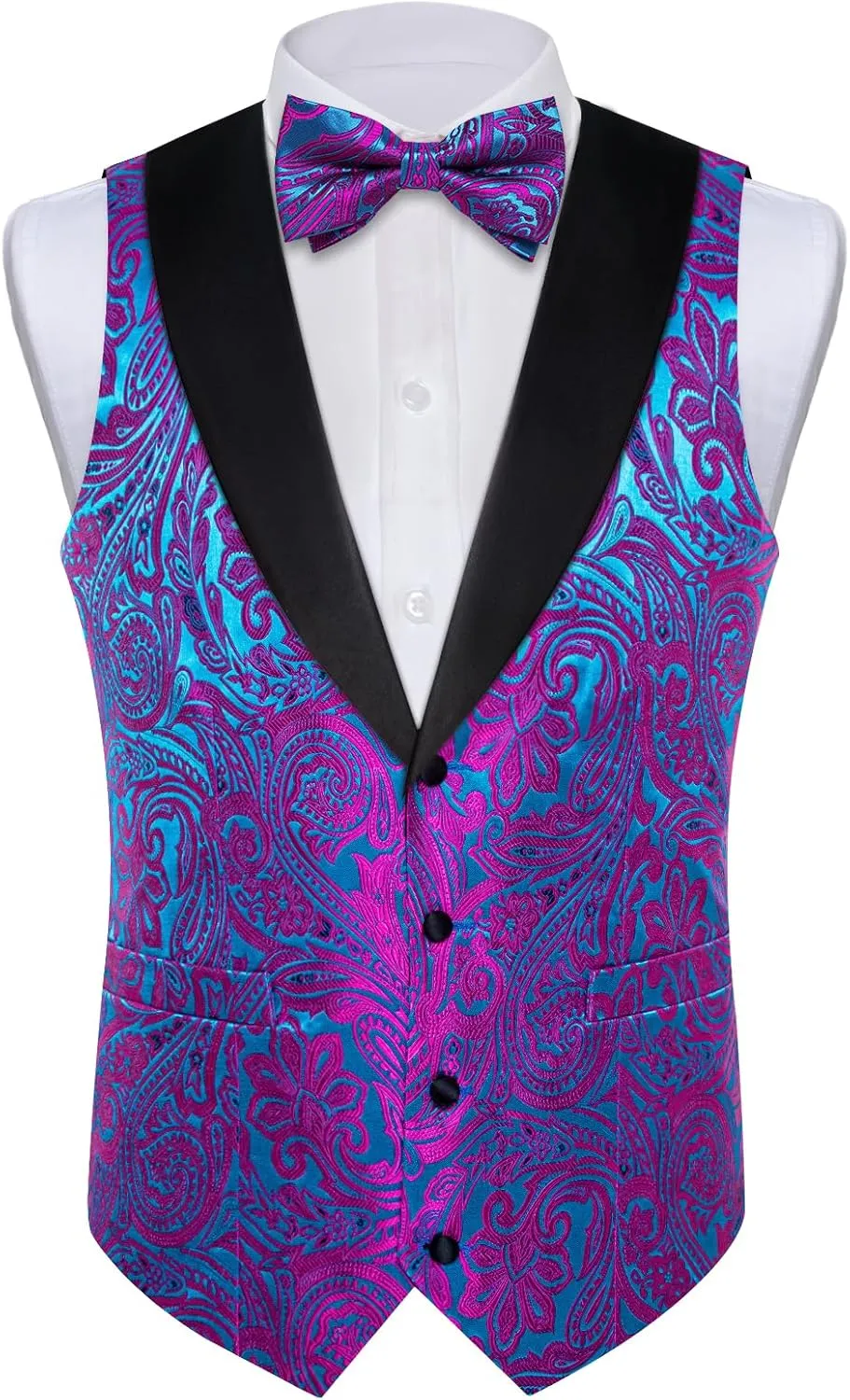 DiBanGu Mens Vest and Bowtie Set Silk Paisley Waistcoat and Bowtie Pocket Square Cufflinks with Lapel Pin for Wedding Party