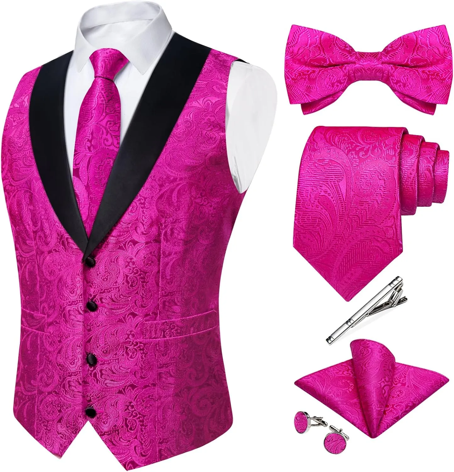 DiBanGu Silk Suit Vest for Men Shawl Collar Vest with Tie Set Bowtie Tie Clip Pocket Square Cufflinks Waistcoat