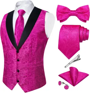 DiBanGu Silk Suit Vest for Men Shawl Collar Vest with Tie Set Bowtie Tie Clip Pocket Square Cufflinks Waistcoat