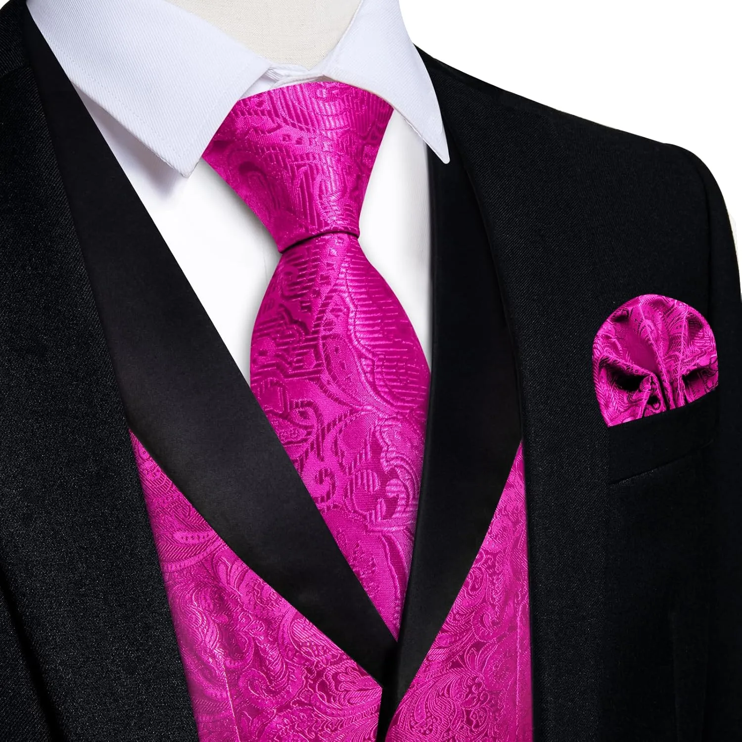 DiBanGu Silk Suit Vest for Men Shawl Collar Vest with Tie Set Bowtie Tie Clip Pocket Square Cufflinks Waistcoat