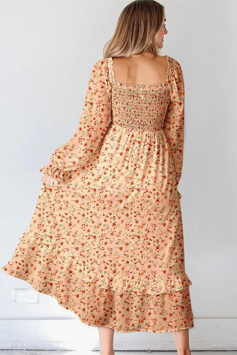 Dokotoo Spring Dresses for Women Casual Floral Square Neck Long Sleeve Smocked Elastic Waist Tiered Ruffle Hem Maxi Dress